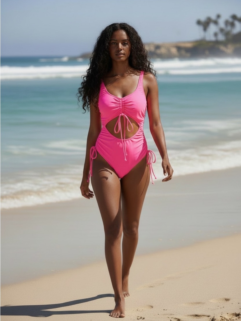 Women’s ' Pink Ruched Cutout One-Piece Swimsuit - Picture 2 of 3